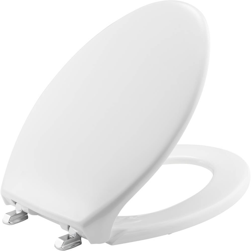 Bemis Elongated Commercial Plastic Toilet Seat in White with Self-Sustaining Stainless Steel Hinge