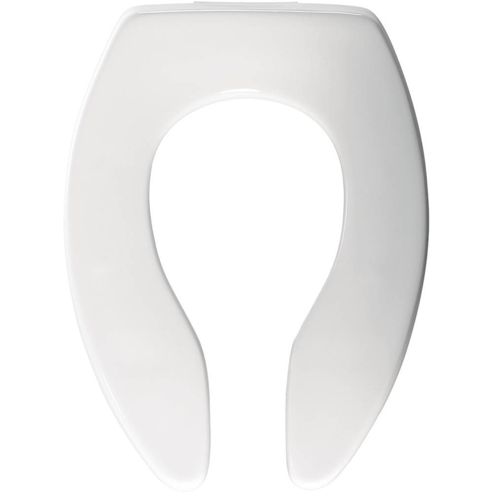 Bemis Elongated Open Front Less Cover Commercial Plastic Toilet Seat in White with STA-TITE Commercial Fastening System Self-Sustaining Check Hinge