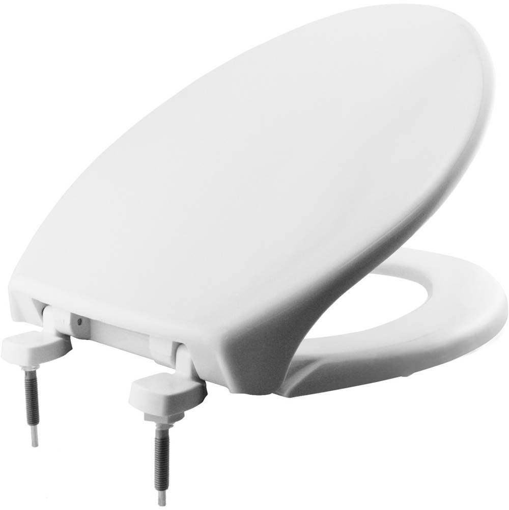 Bemis Elongated Hospitality Plastic Toilet Seat in White with STA-TITE Commercial Fastening System and DuraGuard