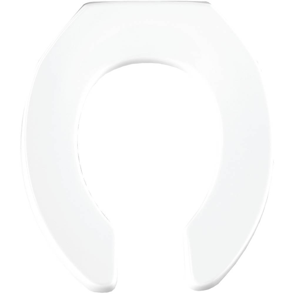 Bemis Round Open Front Less Cover Commercial Plastic Toilet Seat in White with STA-TITE Commercial Fastening System Self-Sustaining Check Hinge